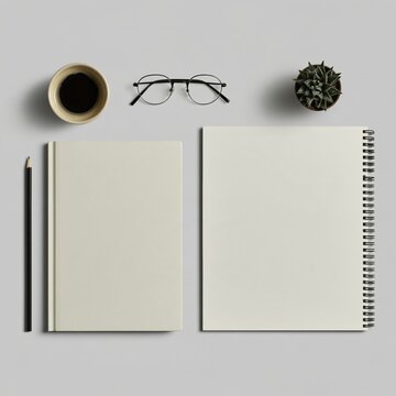 Closed plain notebook and open spiral pad on a smooth grey surface, accompanied by coffee and a plant for a clean desk mockup with copy space