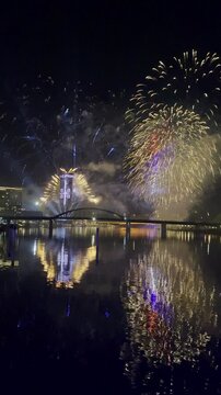 Fireworks, Brankov Bridge and Belgrade water front during national holiday, Belgrade, Serbia. g2.