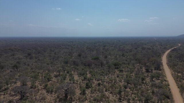 Camera panning right to left over the landscape outside Mana Pools National Park. 4K Aerial Video.