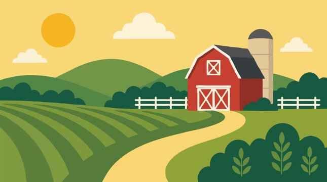 Crimson barn and tall beige silo rise above striped green crop fields and a curving sand road beneath a golden afternoon sun, flat vector countryside scene about farming life