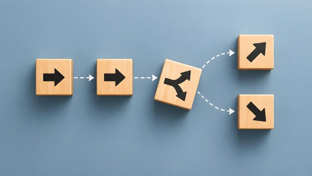 Wooden blocks with arrows showing a path diverging into multiple directions symbolizing choice decision and strategy