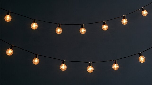 Two parallel rows of glowing warm seeded Edison globe string lights against solid deep dark blue background cozy festive ambient outdoor lighting decor