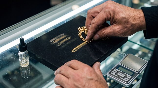 Pawnbroker Testing Gold Chain on Black Touchstone With Acid Bottle