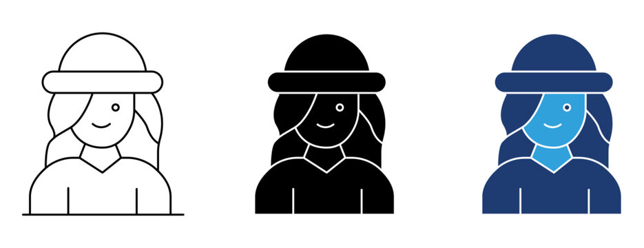 Woman avatar icon set featuring outline, solid, and colored duotone styles for user profiles, fashion, and female character illustrations.