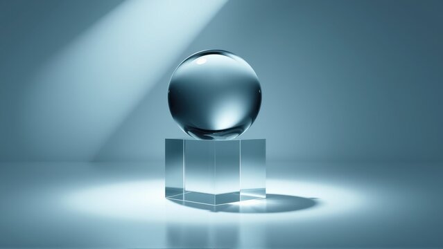 Crystal sphere rests atop clear pedestal. Dramatic lighting creates strong shadows, highlighting objects form. Minimalist studio setup.