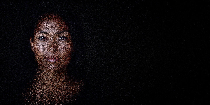 Digital ID Portrait of Pacific Islander Woman with Face made up of Data. Liveness detection Concept with copy-space.