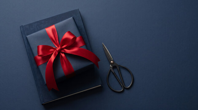 Elegant gift box with a red ribbon and scissors on a dark blue background