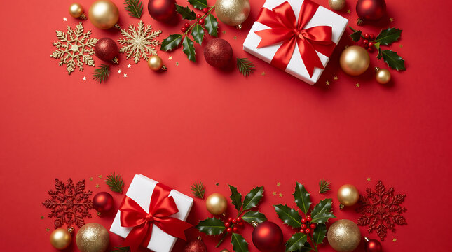 Festive christmas decorations arranged on a vibrant red background with gifts and ornaments