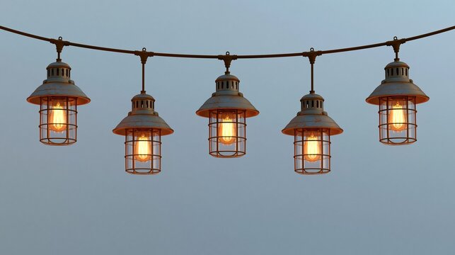 Five vintage industrial cage pendant string lights with glowing warm Edison bulbs against plain light gray background rustic outdoor festive ambient lighting concept