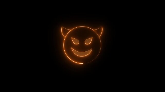 Glowing neon devil icon animation . glowing neon demon emoticon. devil with grin face 4k video.