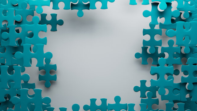 Teal 3D Jigsaw Puzzle Wallpaper with Tumbling Pieces. Transformation Concept.