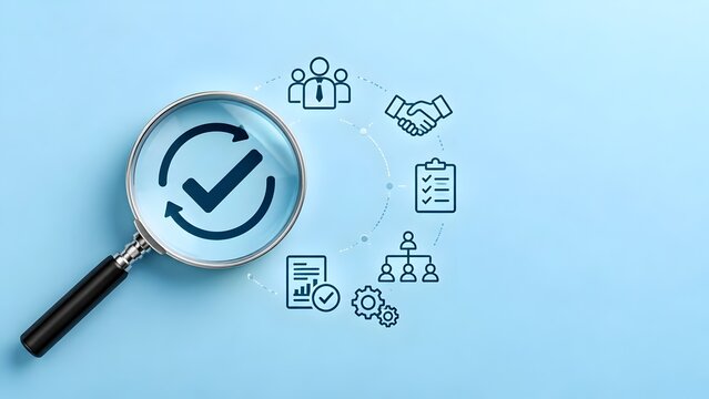 Magnifying glass over checkmark and circular arrows symbolizing verification quality control and business process management with icons for teamwork handshake and checklist