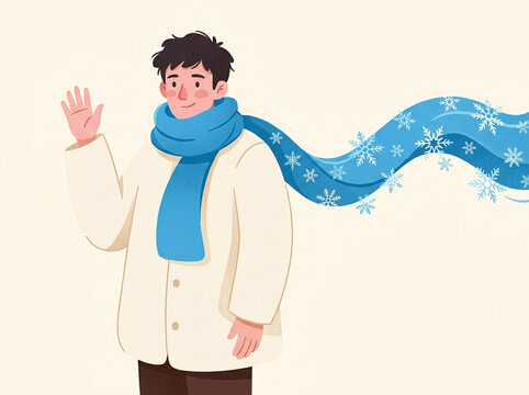 Young man waves his hand in a friendly gesture while wearing a beige winter jacket and a long blue scarf decorated with snowflakes