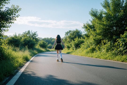 Young woman in black outfit rolls on rollerblades along paved road through green park. Female skater enjoys outdoor activity on sunny summer day. Back view of girl moving fast on inline skates