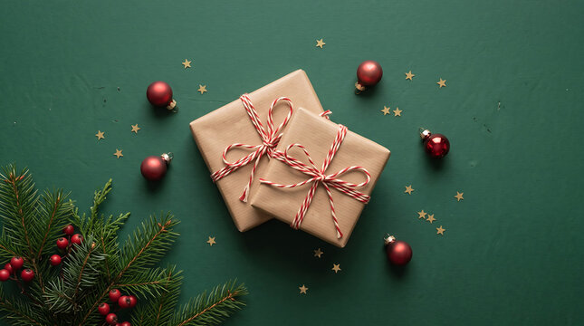 Festive christmas gifts with red ornaments and evergreen branches on a dark green background