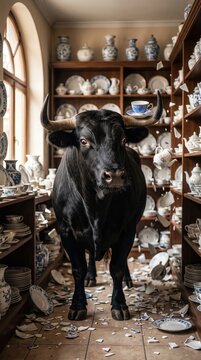 Bull stands in a broken porcelain shop, symbolizing clumsiness, destruction, and a difficult situation