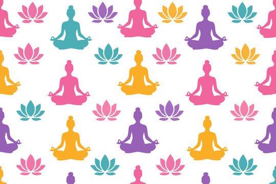 Seamless pattern of pink, teal, yellow and purple lotus flowers alternating with seated yoga silhouettes in meditation pose on a white background, flat vector textile print.