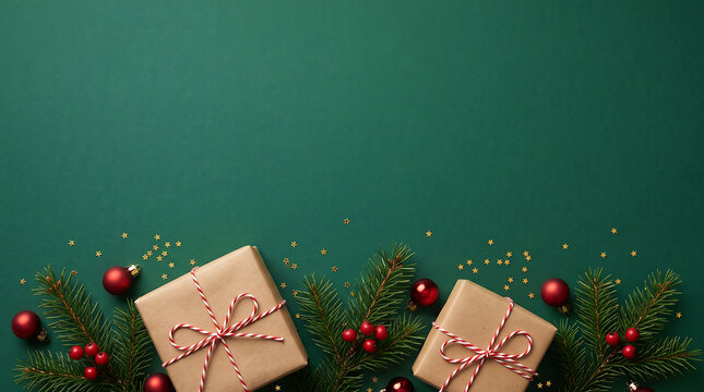 Festive christmas gifts with evergreen branches and ornaments on a dark green background