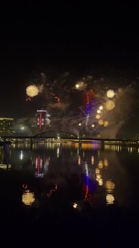 Fireworks, Brankov Bridge and Belgrade water front during national holiday, Belgrade, Serbia. g2.