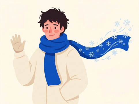 Young man in a white jacket waving hello while wearing a blue winter scarf surrounded by decorative snowflake elements