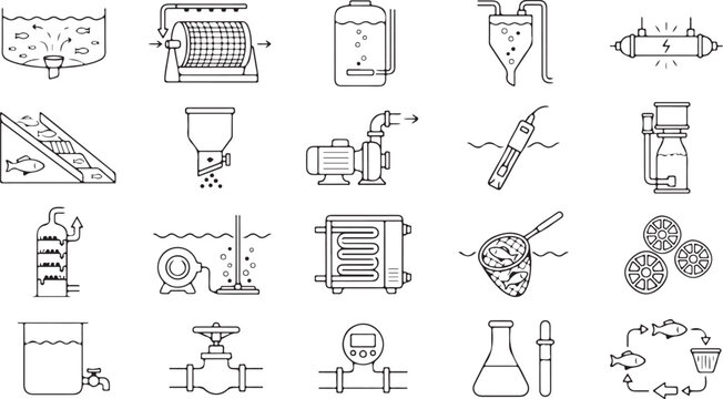 Set of aquaculture and recirculating aquaculture system machinery black vector icons isolated on white background