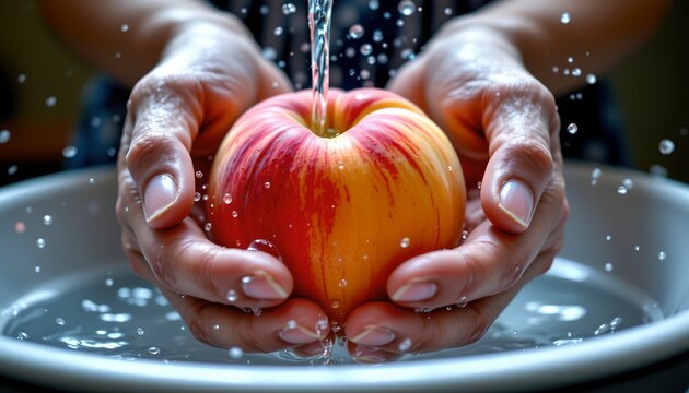 A pair of hands are gently holding a shiny, ripe apple under a stream of water, causing droplets to splash around