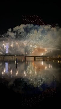 Fireworks, Brankov Bridge and Belgrade water front during national holiday, Belgrade, Serbia. g2.