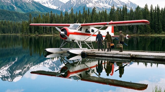 Anglers Unloading Rod Tubes From Float Plane at Remote Wilderness Lake