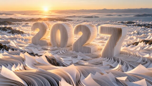 Large 2027 numerals stand amid layered white paper forms as sunlight glows across the textured horizon in a futuristic new year scene