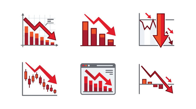 Set of Financial Icons Representing Stock Market Crash, Economic Recession, and Downward Business Trends with Red Arrows and Bar Graphs