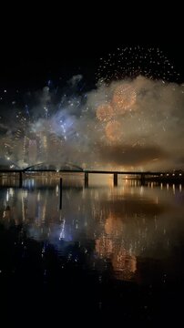 Fireworks, Brankov Bridge and Belgrade water front during national holiday, Belgrade, Serbia. g2.