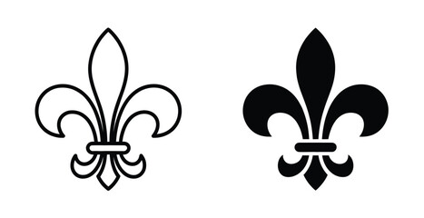 Fleur de lis symbol set in black line art and solid shape for heraldry and decorative design elements. © MTM Vector 