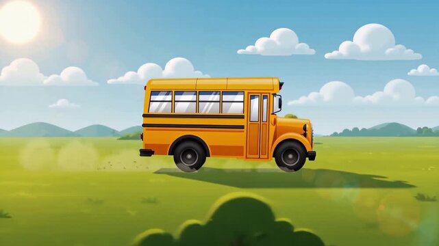 Yellow School Bus Driving Through Open Green Field under Bright Sunny Sky Animated Cartoon Style Educational Concept