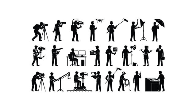 Film crew operators and media technicians work with video camera equipment in vector silhouettes.
