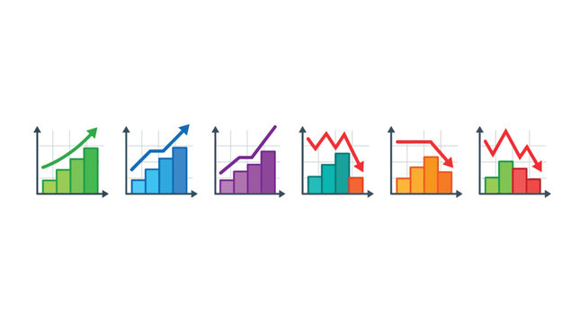 Business Growth and Financial Decline Charts Set. Data Visualization Icons with Up and Down Arrows for Stock Market, Revenue, and Analytics. Flat Vector Illustration.