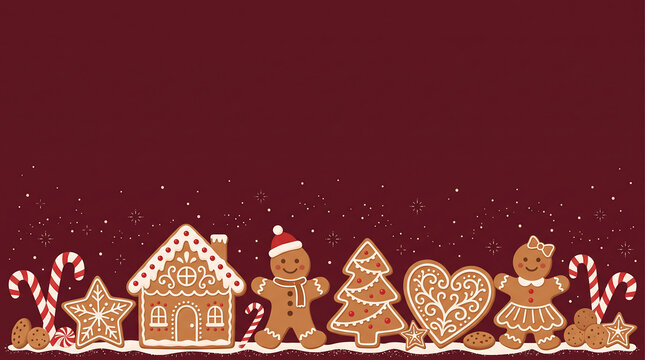 Festive gingerbread cookies and candy canes arranged along a maroon background