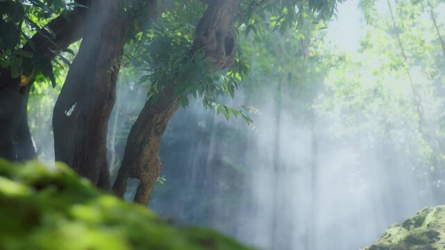 Sunlight filters through the towering trees of a tranquil, natural forest.
