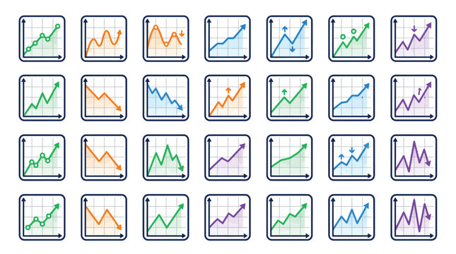 Set of Colorful Financial Business Line Chart Icons Representing Growth, Decline, and Market Volatility for Data Analytics and Statistics Visualization