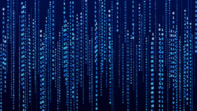 Blue binary code rain on dark grid background