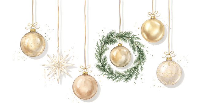 Golden christmas ornaments and a wreath hanging from delicate gold ribbons