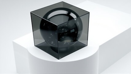 Fototapeta premium Glossy sphere inside transparent cube rests upon white surface. Minimalist design, stark contrast, modern aesthetic. Reflective surfaces create depth.