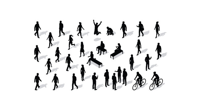 Crowd silhouettes display pedestrians walking, cycling, and relaxing in a minimalist isometric set.