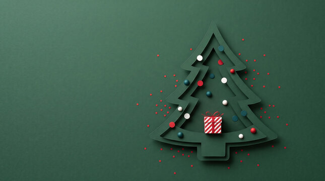 Minimalist paper christmas tree with colorful ornaments and a small gift on green background