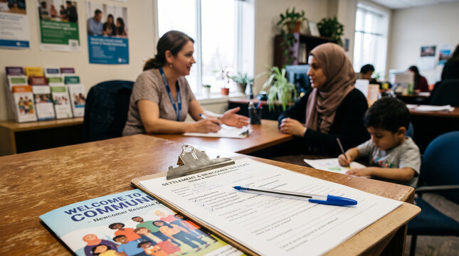 Social worker consulting with a mother and child in a community center office for support services