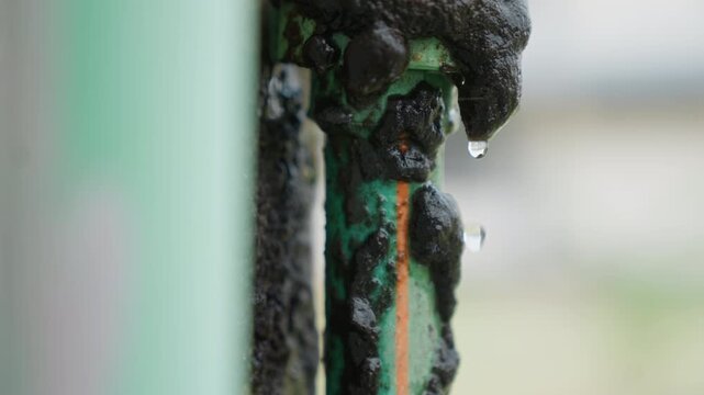 Water drips steadily down weathered metal surface. close up view shows water forming and falling from end of green rusted pipe with black residue. background remains softly blurred