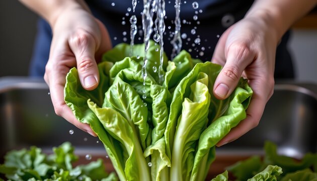 A person is holding a fresh head of lettuce with both hands, rinsing it under running water. Droplets of water are seen cascading down the leafy greens, which appear crisp and vibrant