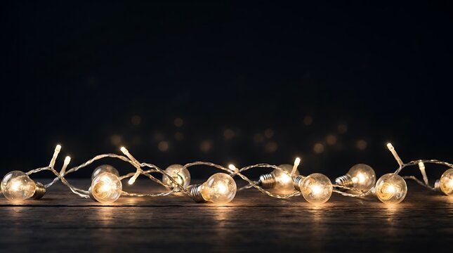 Warm glowing string lights on dark wooden surface for festive decoration.