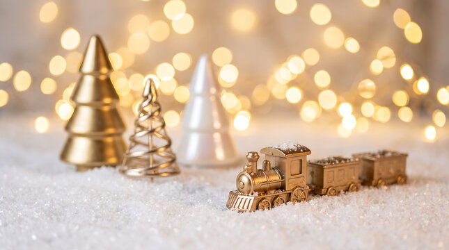 Festive winter scene with golden trees and a miniature train in sparkling snow