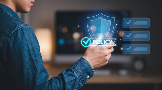 Compliance officer systematically reviewing corporate security policies, regulatory risk management frameworks, data protection standards, and cybersecurity governance documentation.