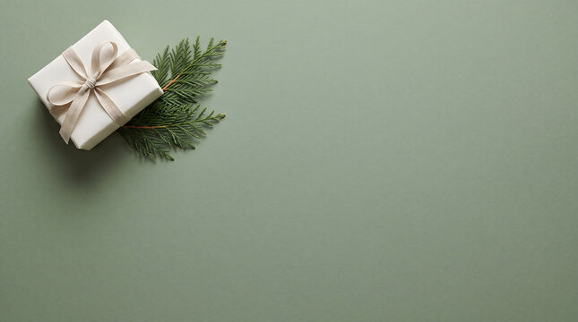 Festive gift with evergreen branch on a soft green background for holidays
